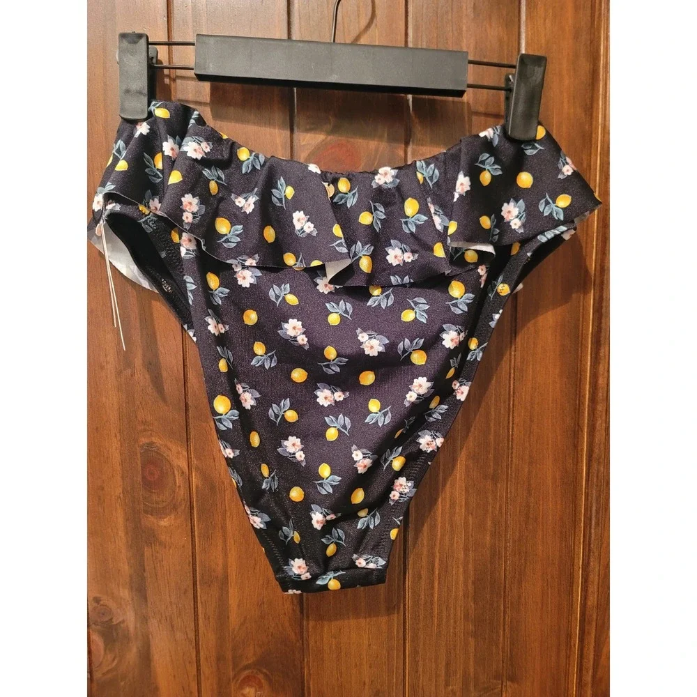 Victoria's Secret Bikini Bottoms Large Ruffles Black Floral/Lemon - Picture 5 of 7